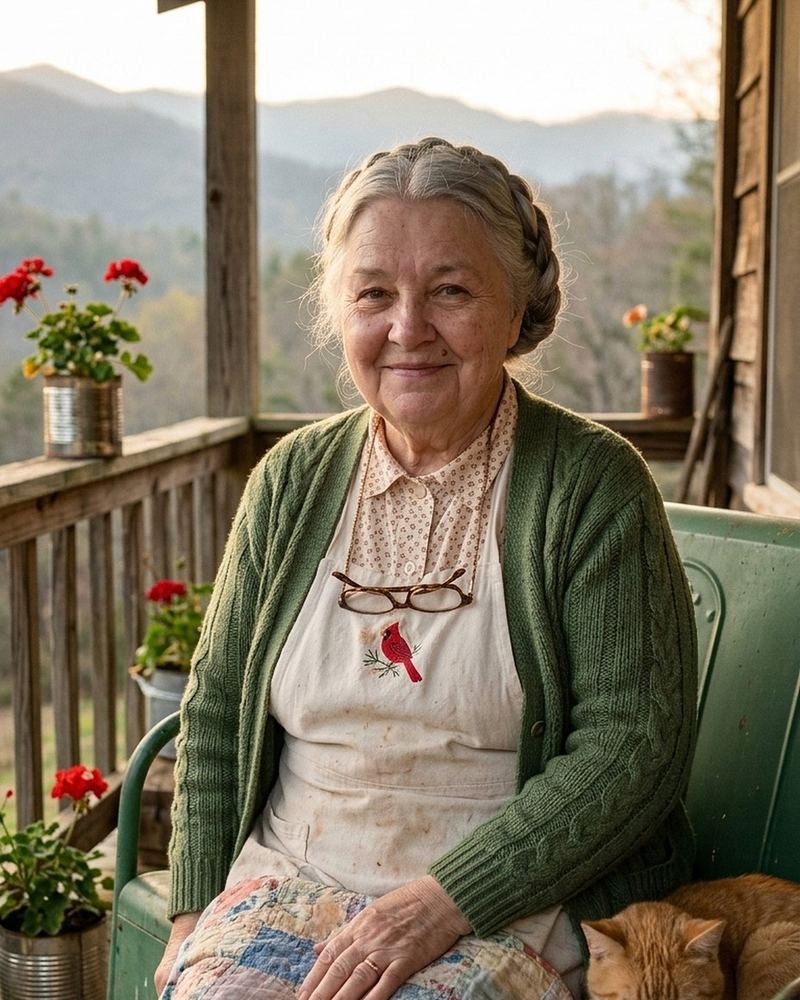 Granny Ida on her porch glider with Biscuit, her orange tabby, and the Blue Ridge behind her