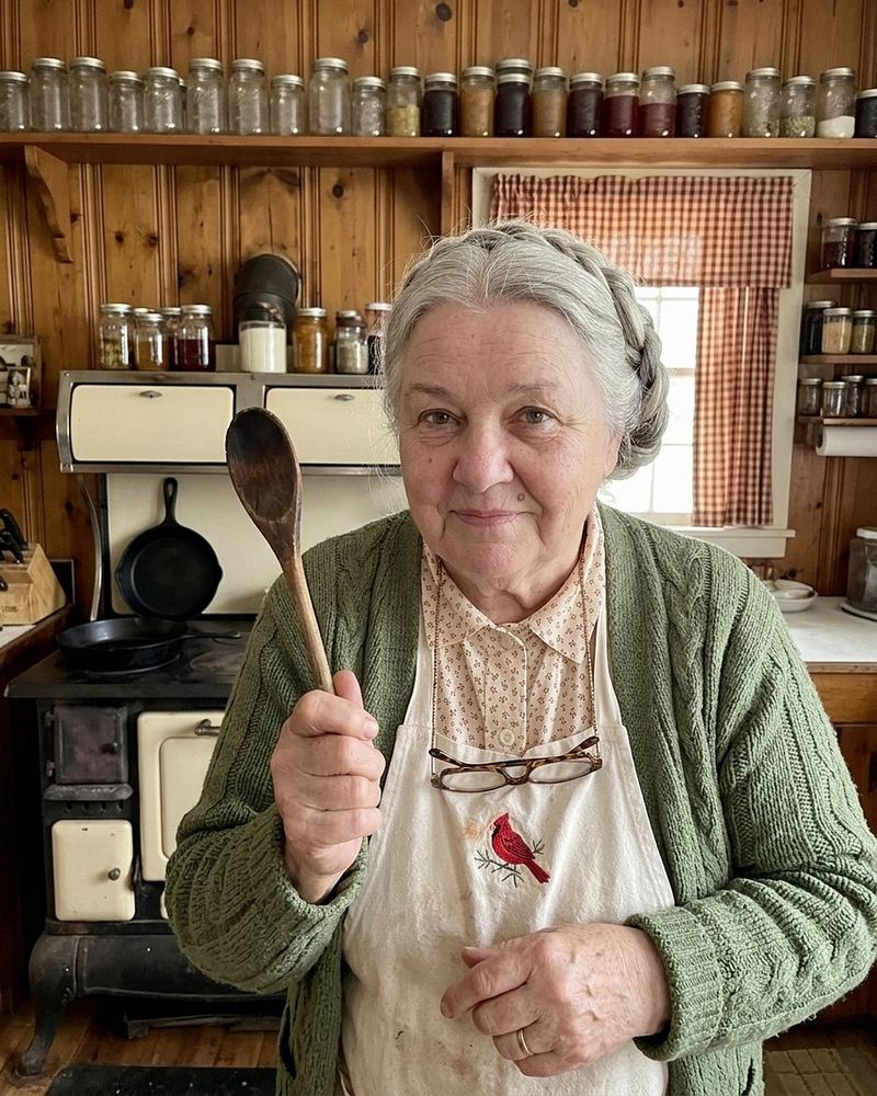 Granny Ida in her cabin kitchen, holding up a wooden spoon, with jars of green beans on the shelf behind her