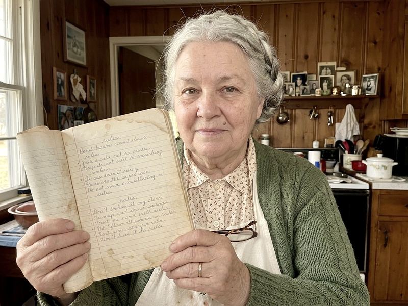 Granny Ida's hands resting on Mama's old handwritten rule book on the kitchen table