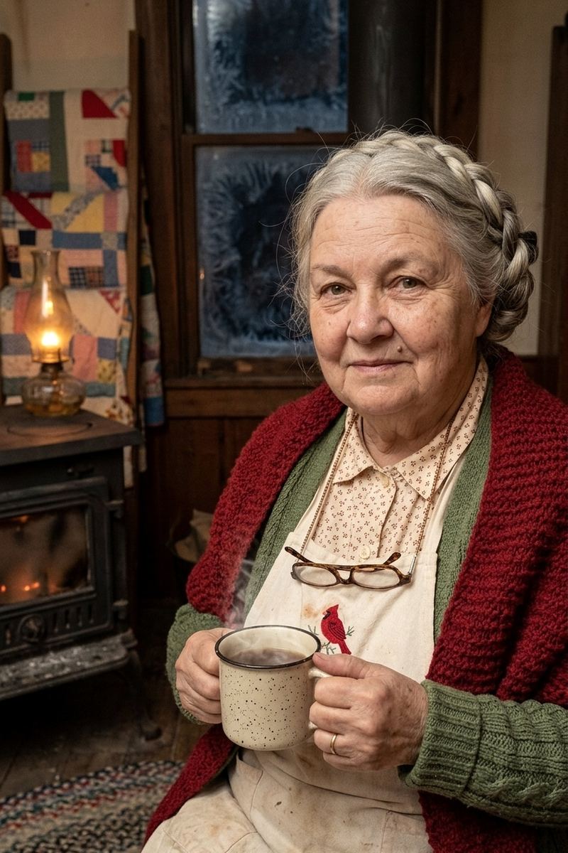 Granny Ida in a red shawl by the woodstove with a mug of coffee, frost on the window behind her